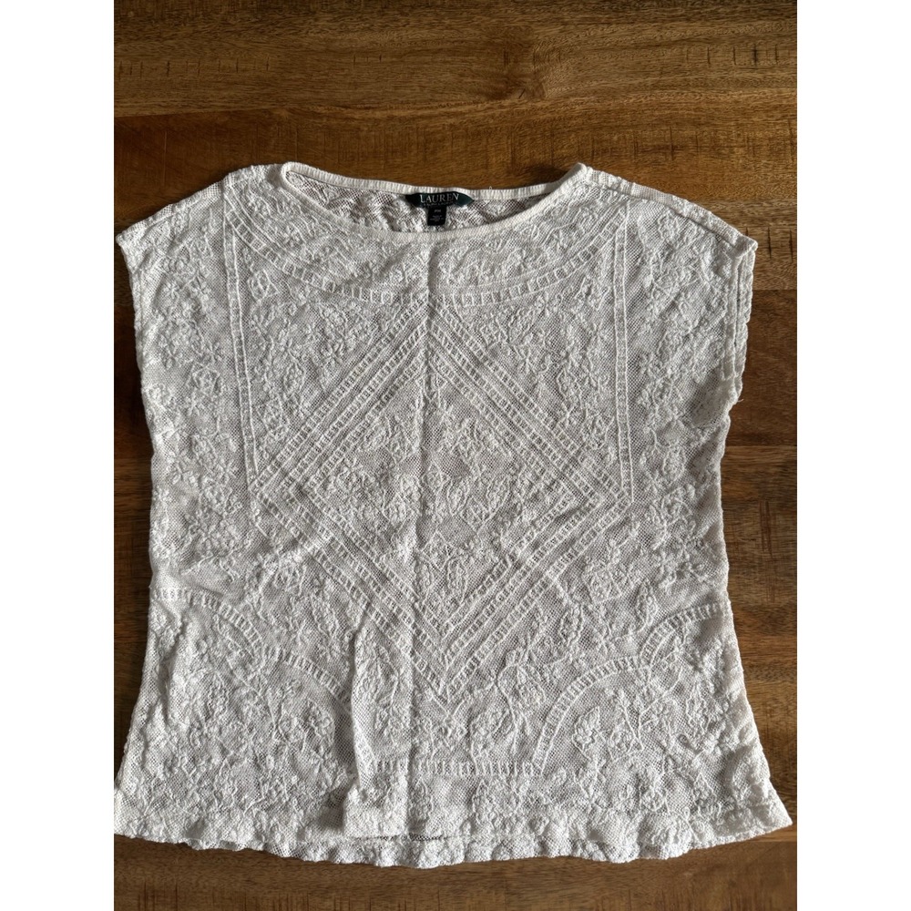 Lauren Ralph Lauren Lace Top Womens PM Ivory Short Sleeve Embroidered Boho